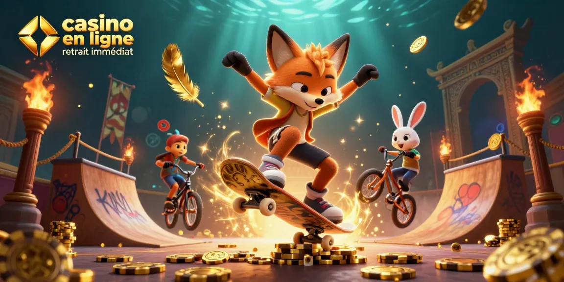 Illustration dynamique de casino en ligne retrait immédiat avec un renard faisant du skateboard sur des jetons dorés.