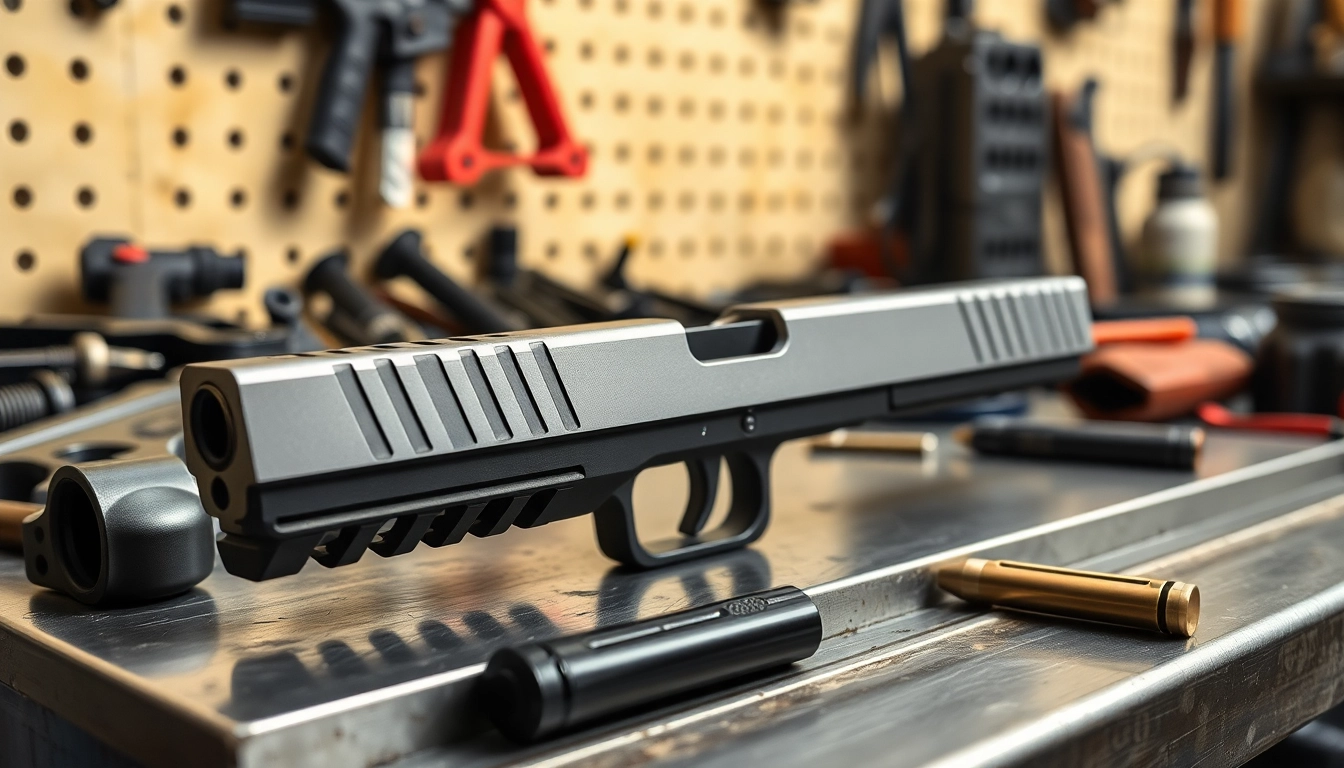 Showcase glock 19 gen 3 oem slide highlighting its details on a workbench, perfect for enthusiasts.