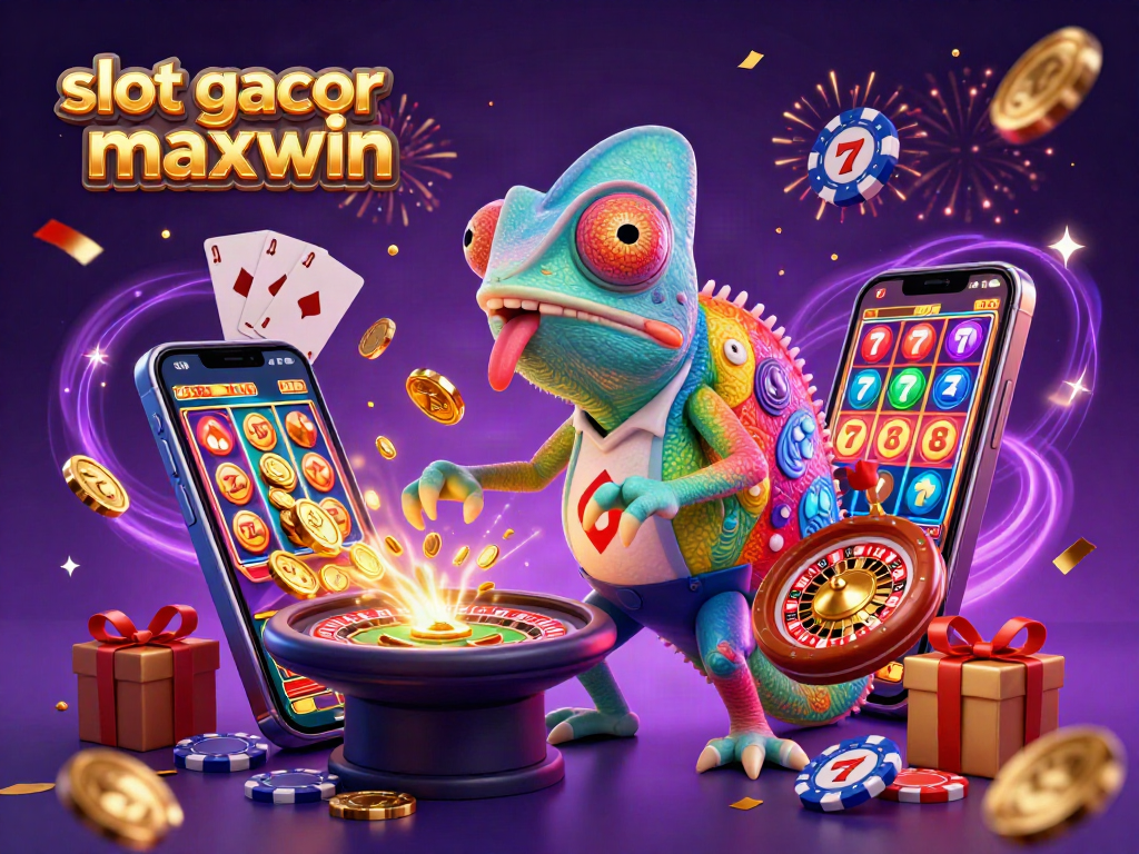 Experience slot gacor maxwin in a vibrant casino scene with a playful chameleon owner and dynamic game elements.