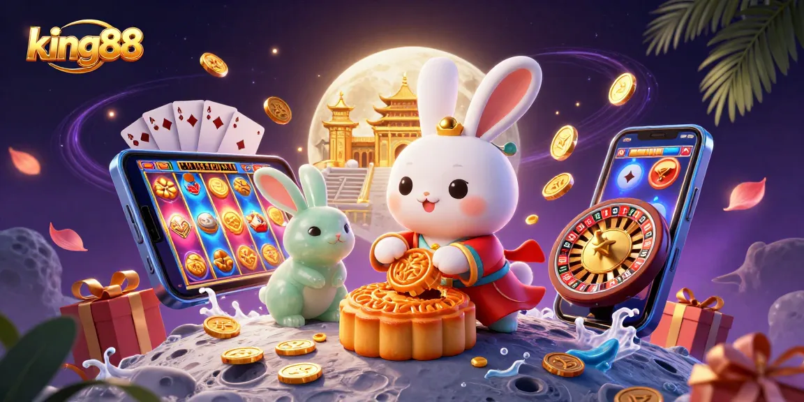 King88's vibrant casino scene featuring a moon rabbit cracking open mooncakes with poker chips inside.