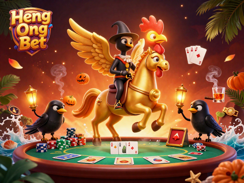 Experience Heng Ong Bet with a golden rooster and spooky companions in a vibrant casino scene.