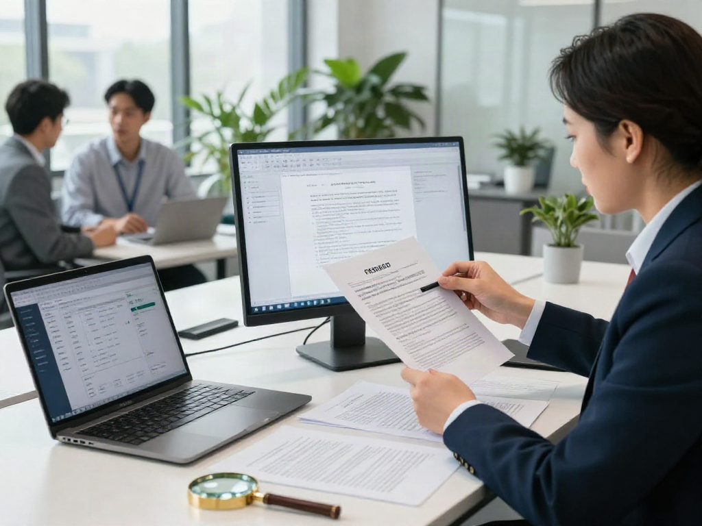 Document fraud detection analysis with compliance officer in corporate setting, showcasing real-time data analytics.