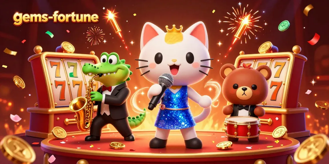 Engage in thrilling gameplay with gems-fortune as a jazzy cat sings on stage surrounded by vibrant casino elements.