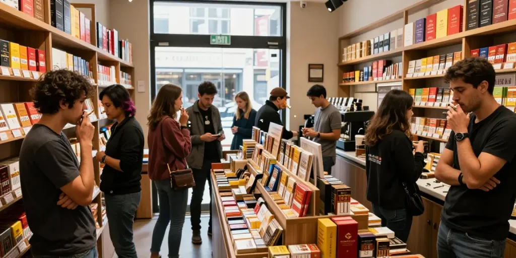 Wholesale cigarette online shopping scene with customers exploring premium tobacco options.