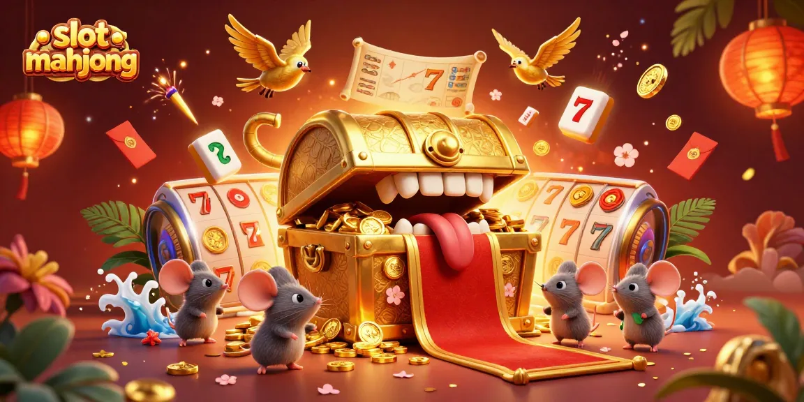 Engaging scene of slot mahjong with golden treasure chest, 3D tiles, and vibrant casino elements.