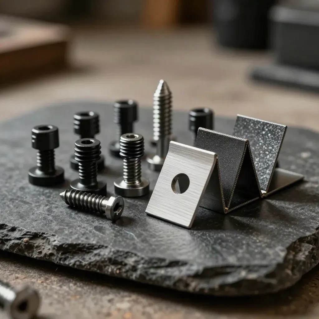 Prototype hardware kit on dark stone with fasteners and thermal sheet
