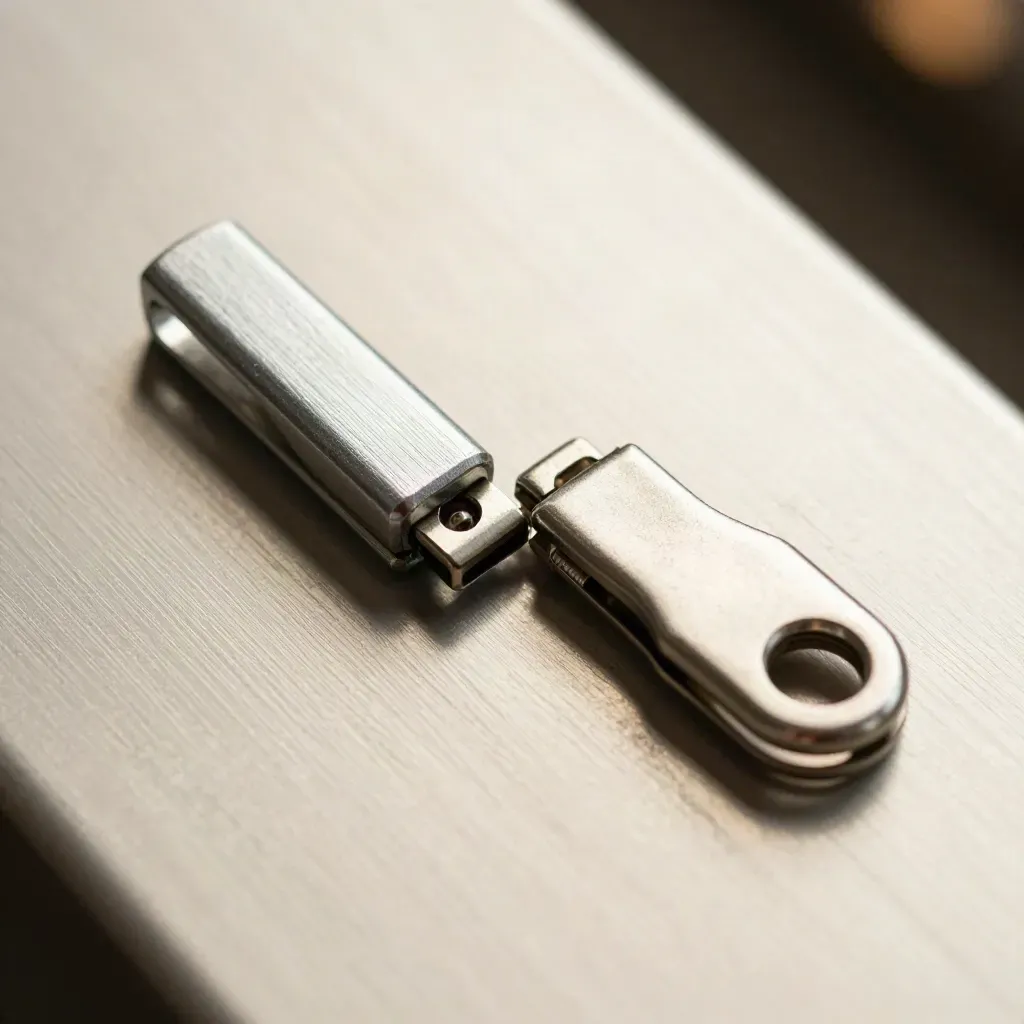 Macro trio of brushed metal hardware on pale metal with soft bokeh and silver sheen.