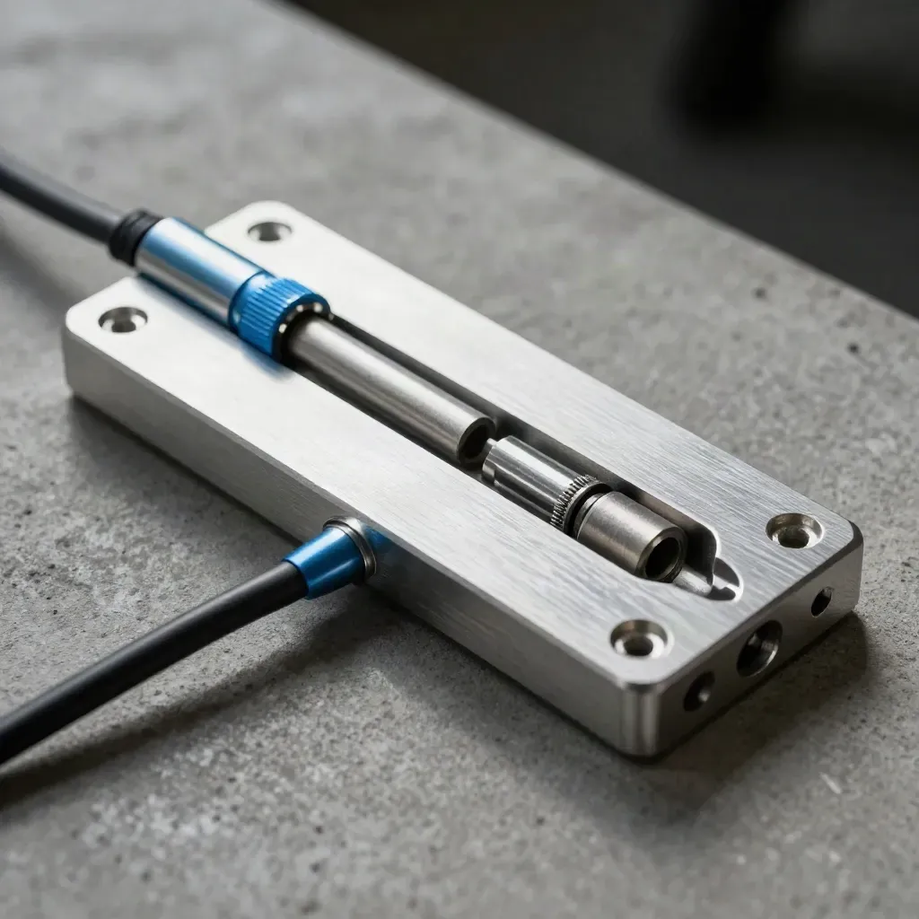 Macro of adapter plate, braided cable, and spacer on concrete with a subtle blue accent.