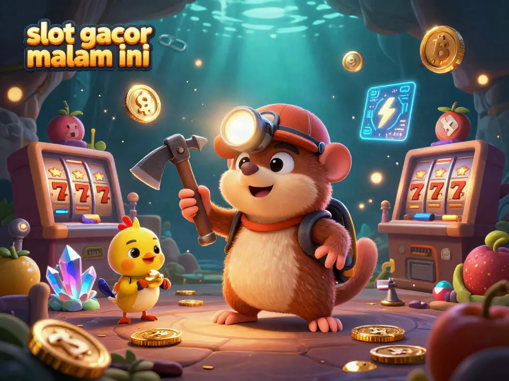 Menggambarkan slot gacor malam ini, karakter marmot penambang memasukkan simbol slot ke dalam gua yang gemerlap.