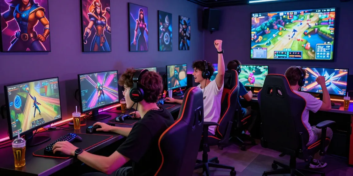 Engaged gamers using mantra88 login in a vibrant gaming lounge with high-tech setup.