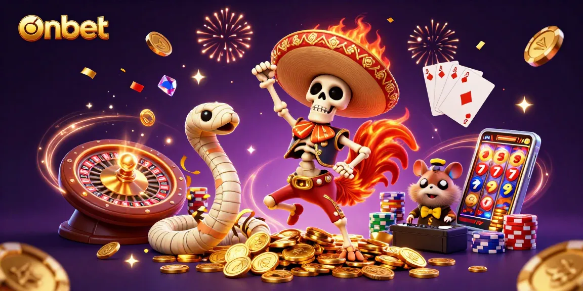 Experience thrilling wins at onbet with vibrant 3D gaming characters celebrating among stacked jackpots and spinning roulettes.