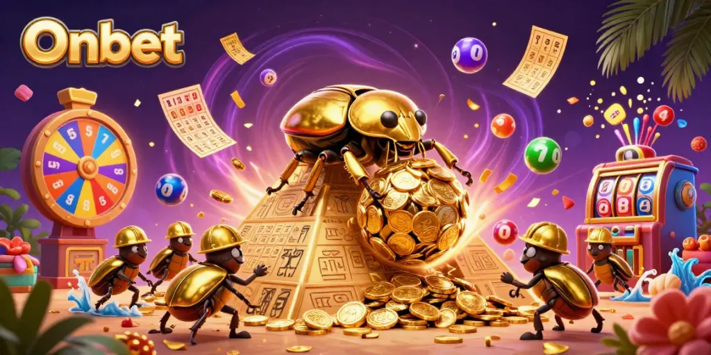 Engage with Onbet's vibrant casino scene, featuring playful beetles and dynamic lottery elements.