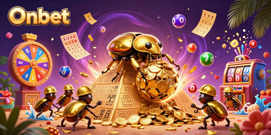 Engage with Onbet's vibrant casino scene, featuring playful beetles and dynamic lottery elements.