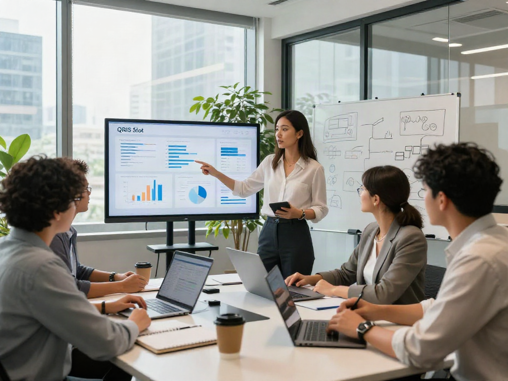 Team collaborating on QRIS slot trends in modern conference room.