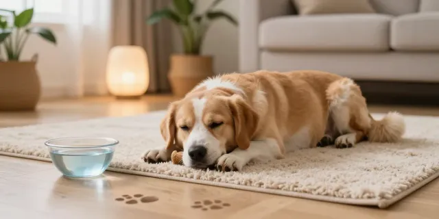 Calming Dog Treats for relaxation, a dog enjoys a chew in a cozy home.