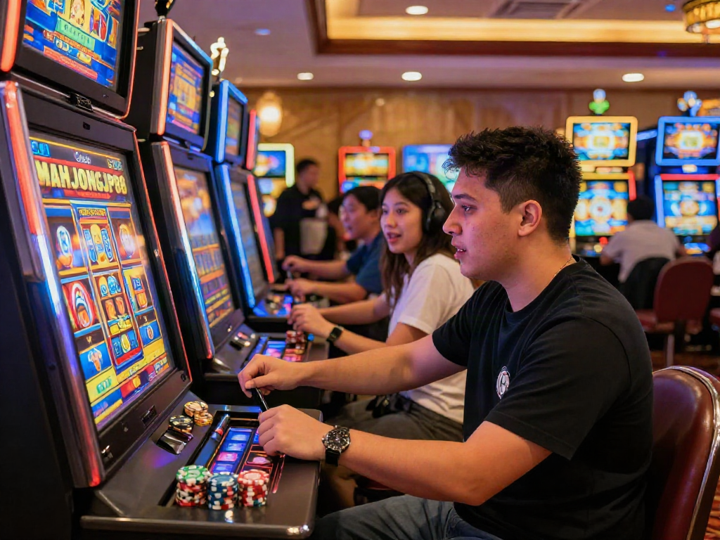 Experience the thrill of Slot Gacor MAHJONGJP88 at a vibrant casino, with exciting gameplay and colorful surroundings.