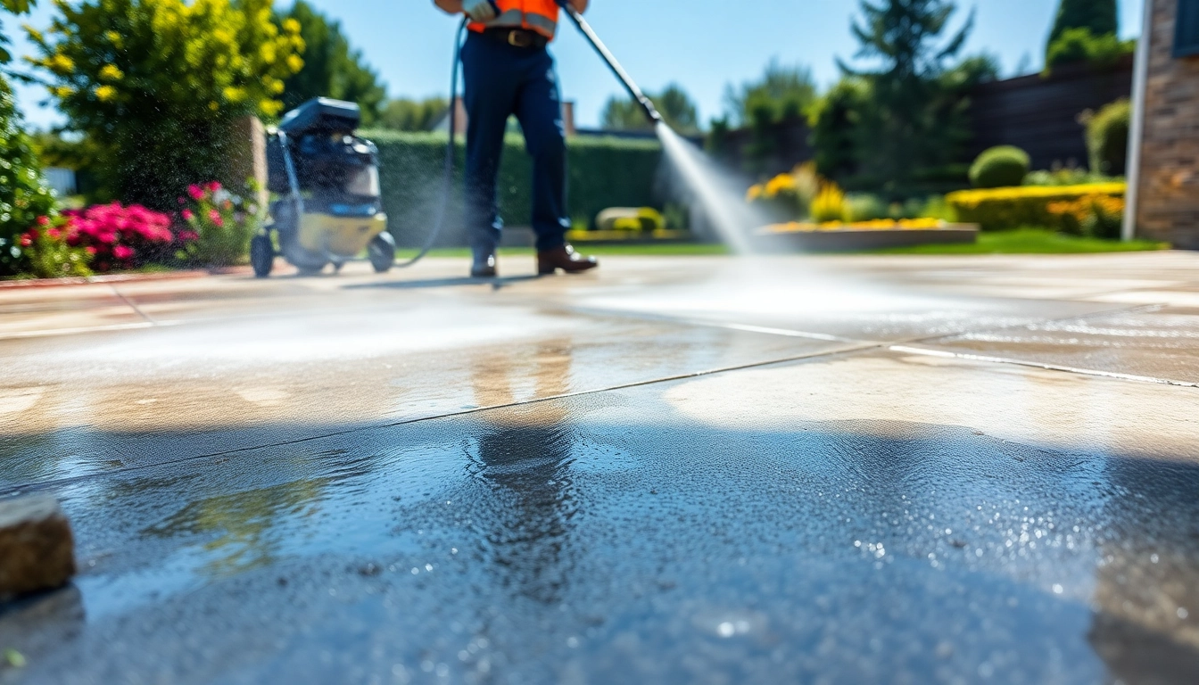 Technician performing driveway cleaning with high-pressure washer, showcasing effectiveness on concrete surface.