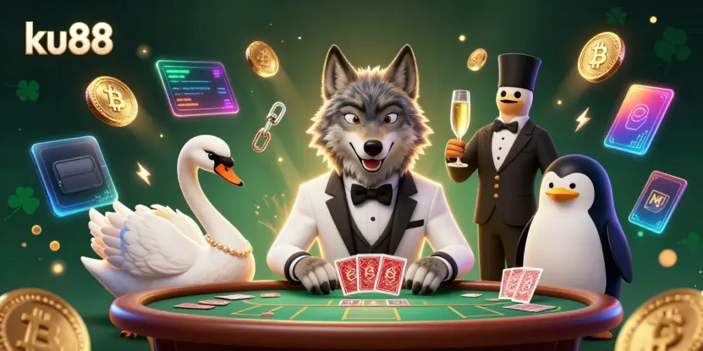 Play baccarat with ku88 featuring a debonair wolf, elegant swan, and penguin sommelier.