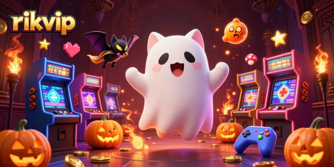 Engage with rikvip's interactive gaming experience, where a ghost cat and bat explore a vibrant casino scene.