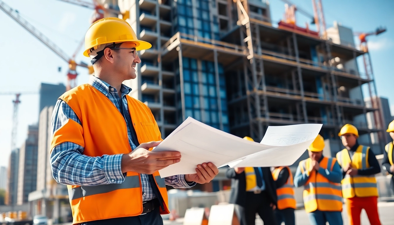 Manhattan Construction Manager coordinating a construction project with workers in New York City.