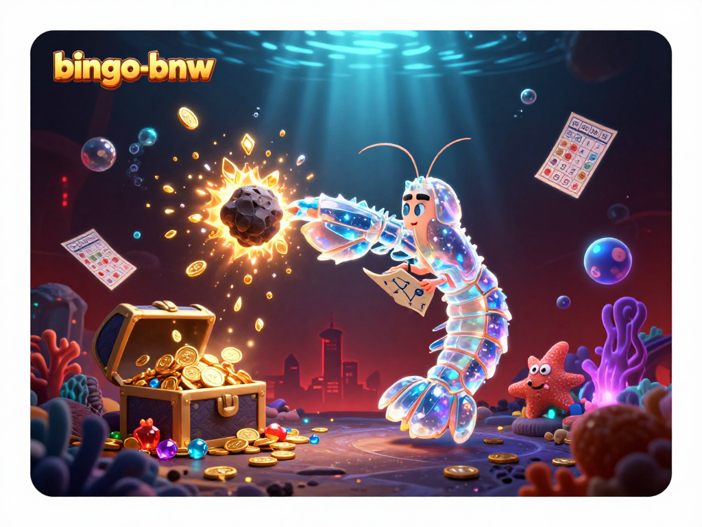 Bingo-bnw game scene with a galactic shrimp and treasure chests exploding with coins.
