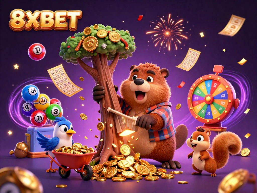 Experience exciting gameplay with 8XBET, as a beaver and friends celebrate a jackpot of coins raining down.