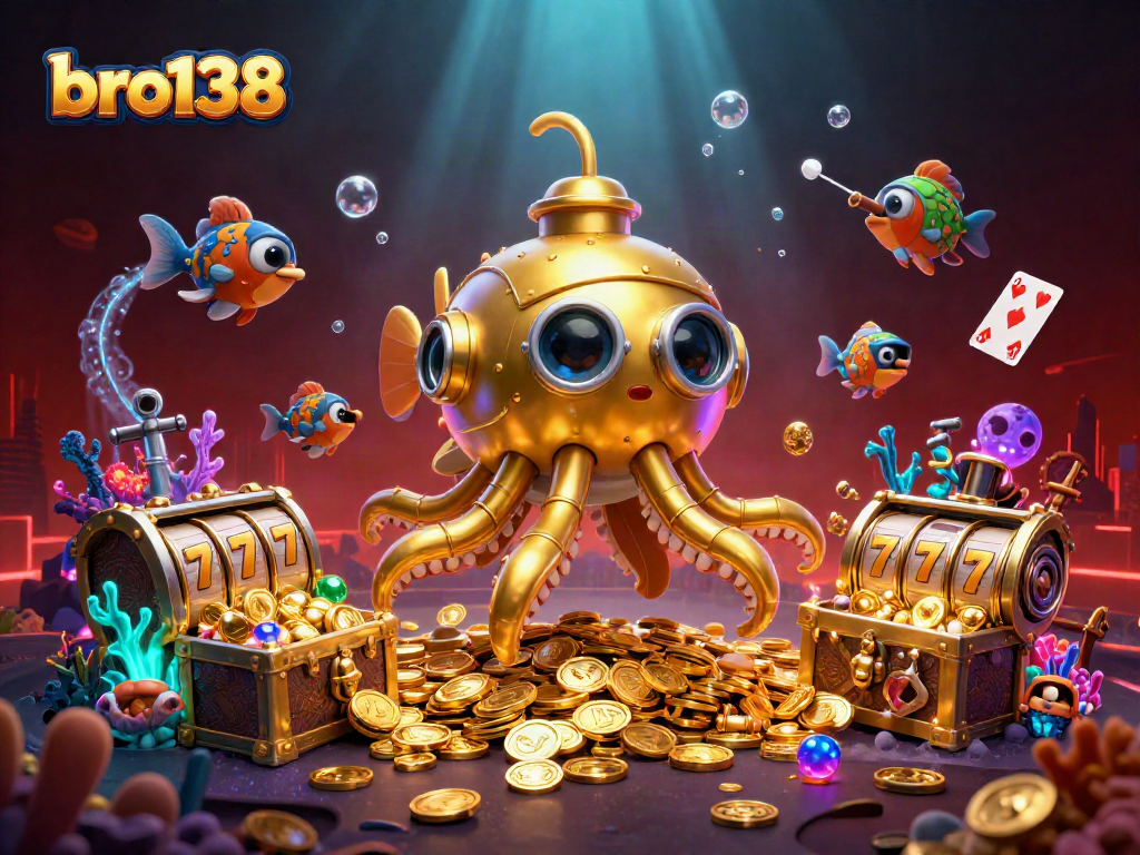 Engage with bro138's vibrant casino adventure featuring golden kraken amidst slot reels and treasures.