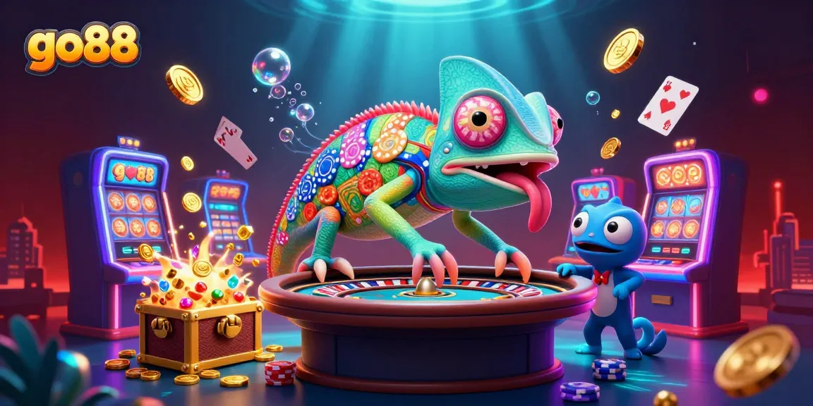 Engaging go88 casino scene with a chameleon character surrounded by vibrant slot machines and glowing treasures.