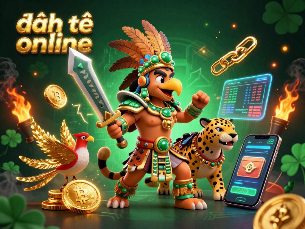 Experience đánh đề online with an exciting 3D scene of Aztec warriors, crypto coins, and neon elements.