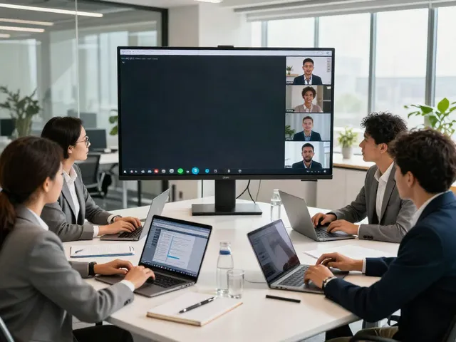 Deepfake free meetings with diverse team collaborating in a modern office.