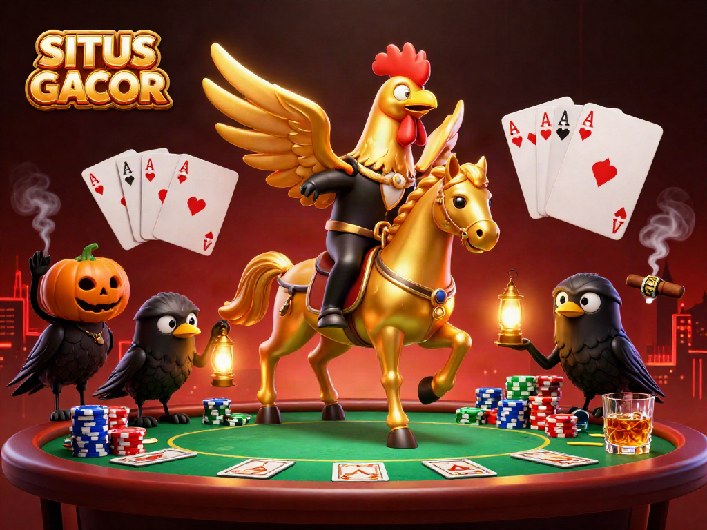 SITUS GACOR captures the excitement of winning at poker with a golden rooster character amidst vibrant casino elements.