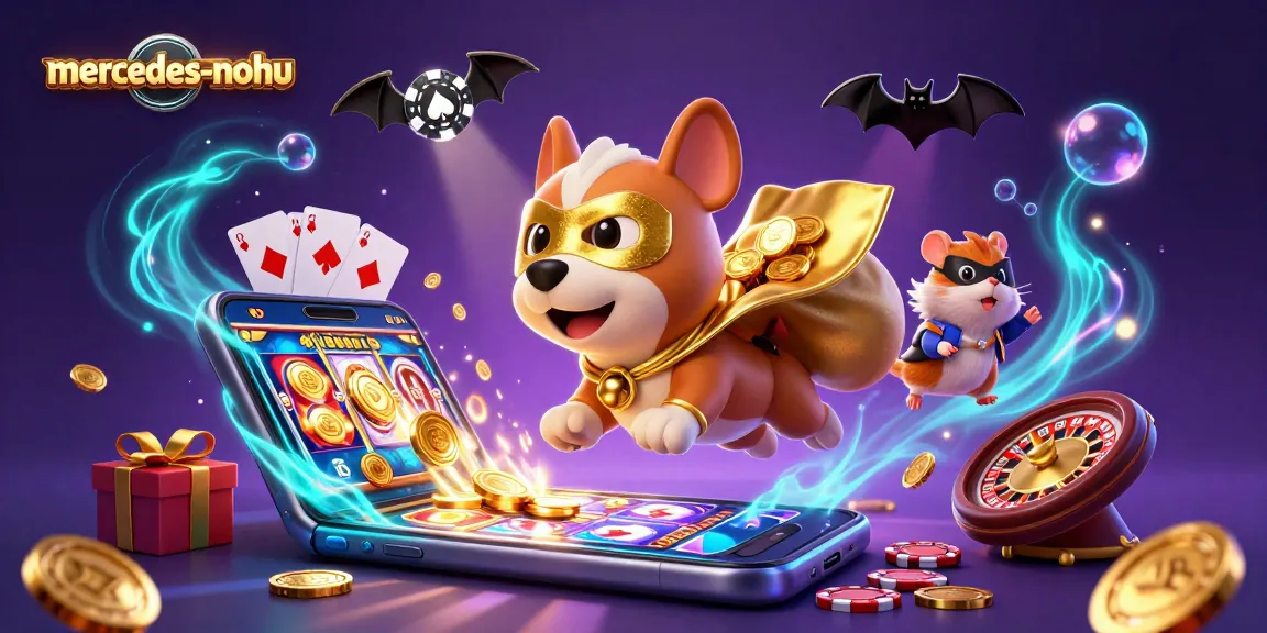 Action-packed illustration of mercedes-nohu highlighting exciting slot games with characters in a dynamic casino setting.