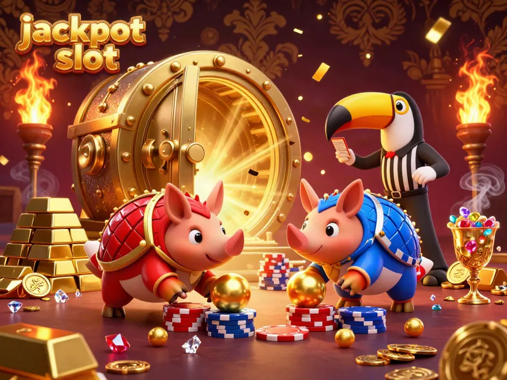 Engage in the excitement of jackpot slot games with rival pangolins celebrating wins amidst golden treasures.