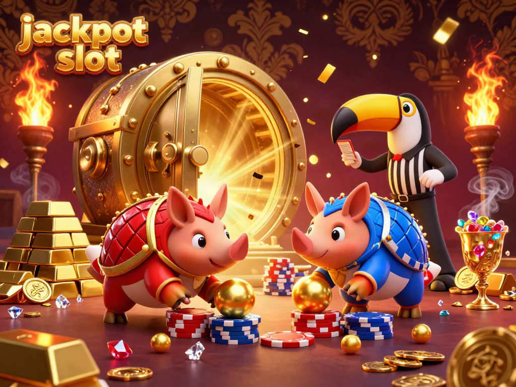 Engage in the excitement of jackpot slot games with rival pangolins celebrating wins amidst golden treasures.