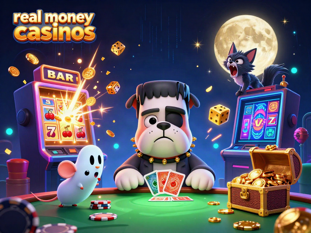 Experience thrilling moments at real money casinos with playful cartoon characters and vibrant gaming elements.