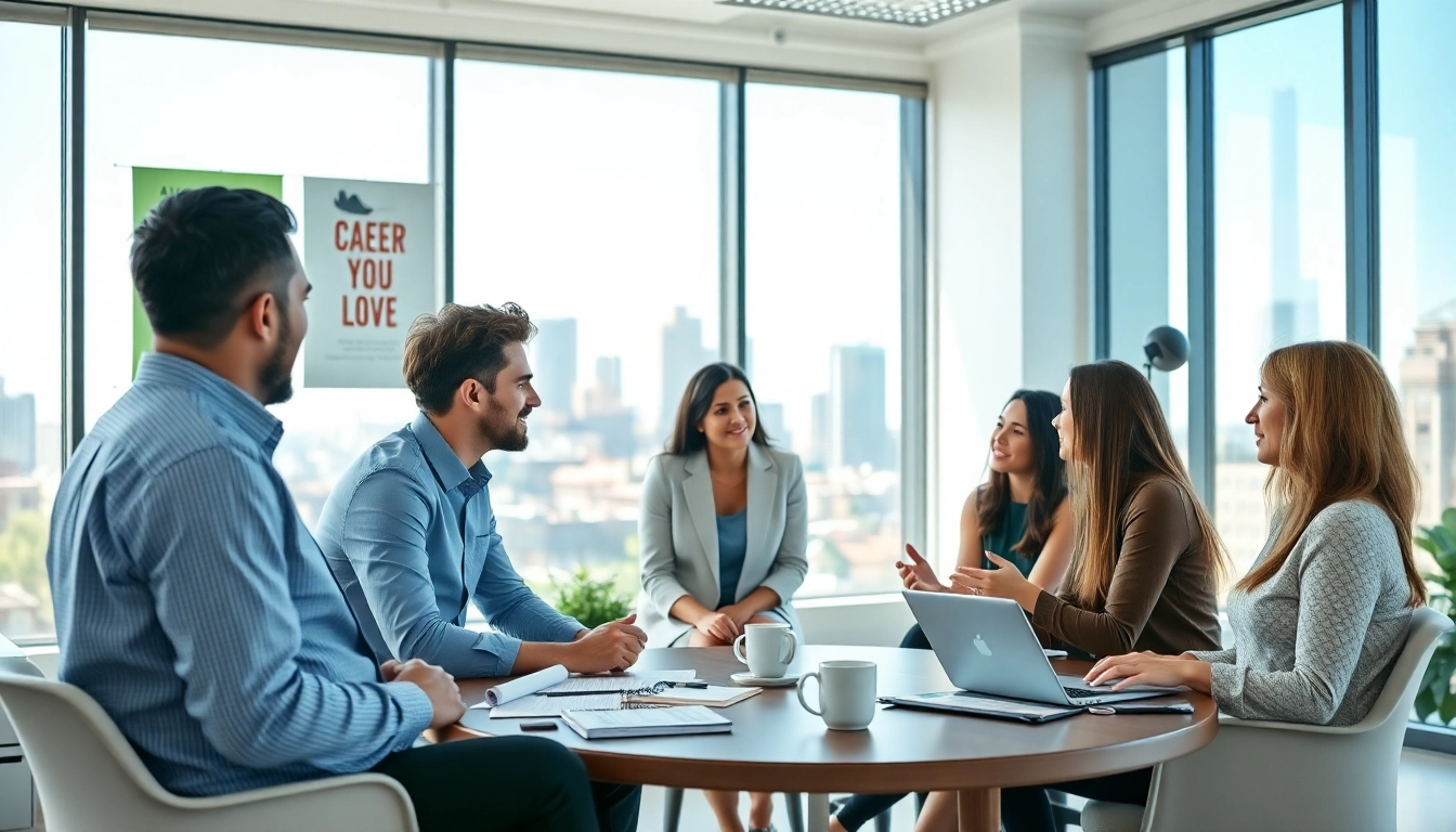 Career Coaching session with a diverse group discussing in an inspiring office environment.
