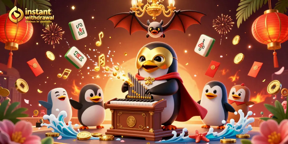 Experience thrilling gameplay at instant withdrawal casinos in Australia with a dynamic illustration featuring a whimsical penguin.