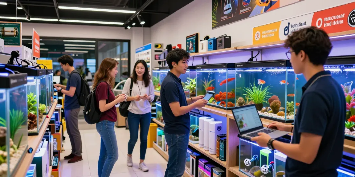 Customers excitedly exploring kelincilaut marine filters in a vibrant e-commerce store.
