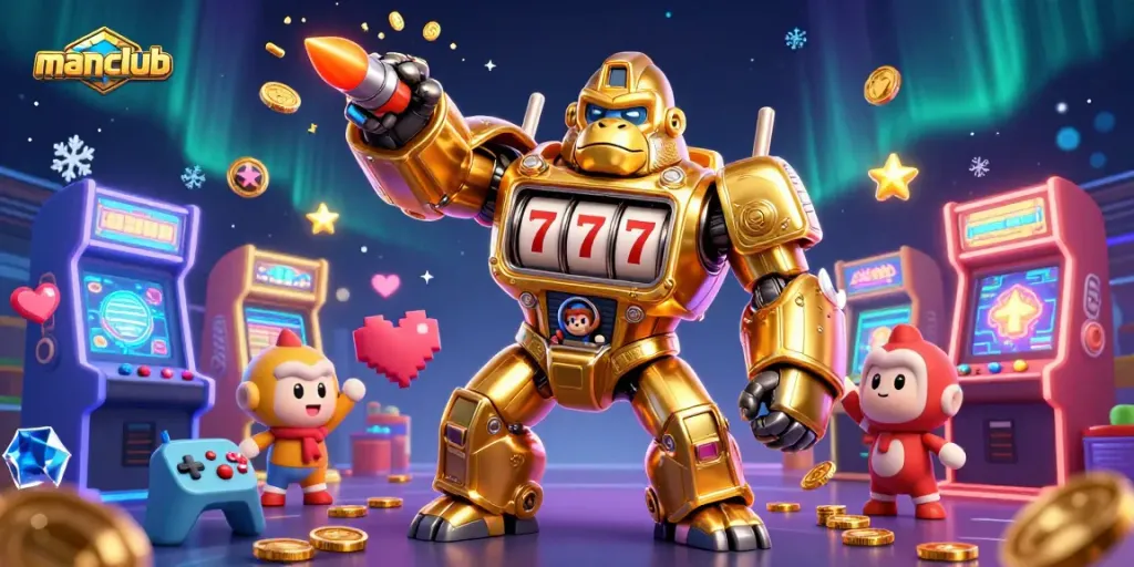 manclub brings excitement with a golden gorilla mech and casino games in a vibrant, dynamic setting.