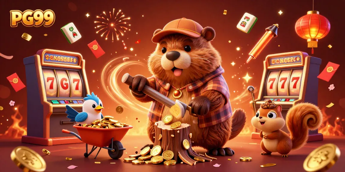 PG99 casino scene featuring a beaver collecting coins amidst lively slot game elements.