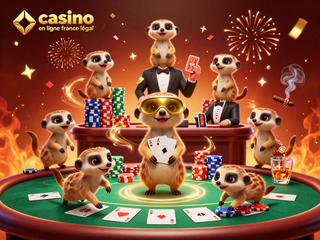Jouez à casino en ligne France légal avec une illustration animée de suricates en action autour d'une table de poker.