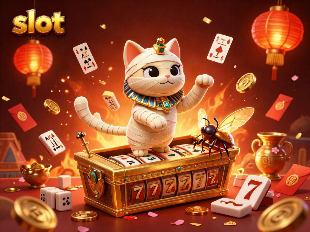 Mesin slot berputar dengan simbol keberuntungan dan karakter kucing mummy di kasino piramida.