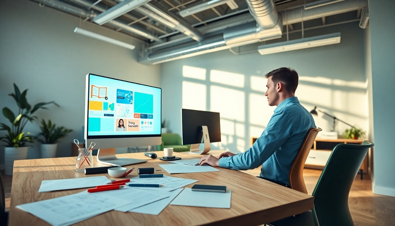 Showcasing web design edmonton with a designer at work, vibrant atmosphere and creative tools.
