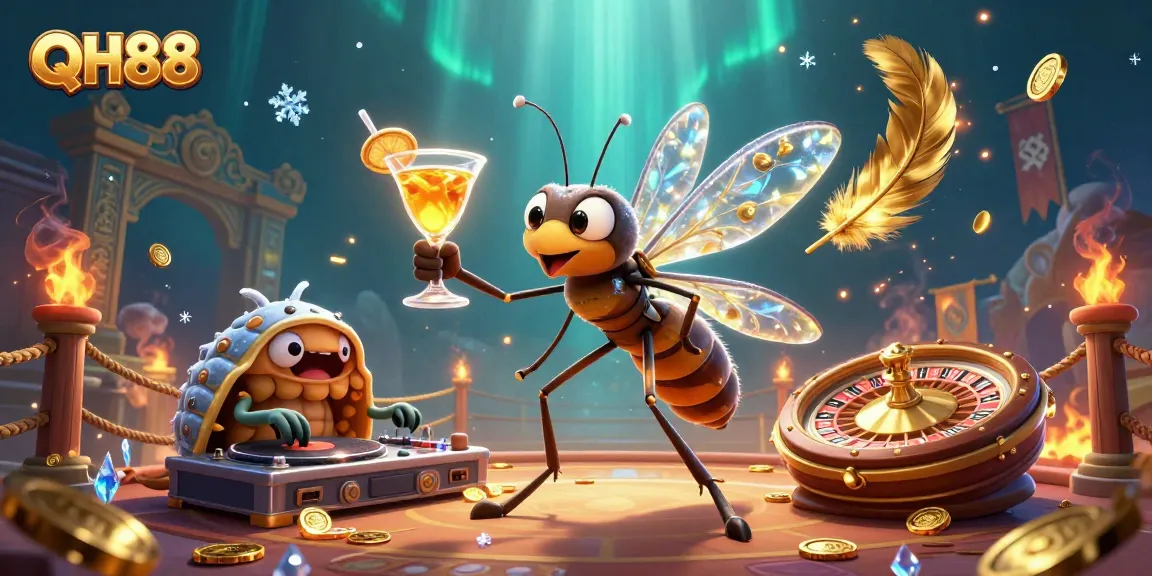 Join the excitement with QH88 as a vibrant casino mascot and dynamic DJ bring the thrill of gaming to life.