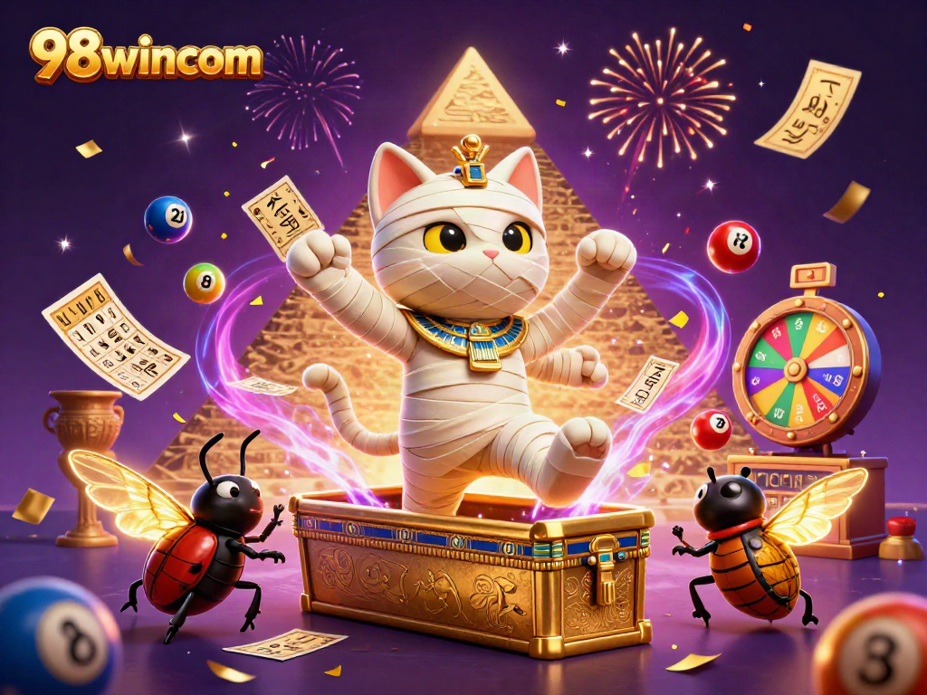 Experience thrilling fun at 98wincom with an interactive casino scene featuring a mummy cat and prize elements.