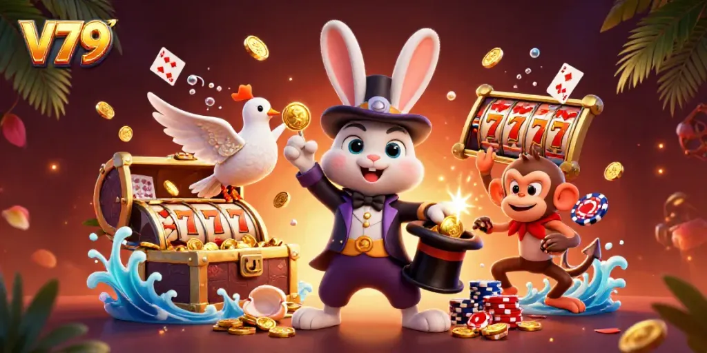 Experience the excitement of V79 with a magician rabbit, dove, and monkey amidst slot reels and gold coins