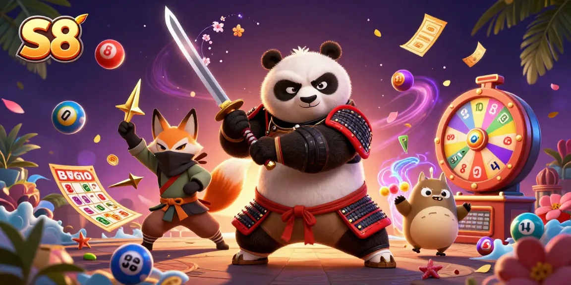 S8 casino features a samurai panda and ninja fox amidst vibrant gambling elements in a magical setting.