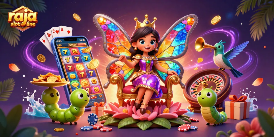 Engage with raja slot online's vibrant 3D illustration of the butterfly queen and casino elements in a magical setting.