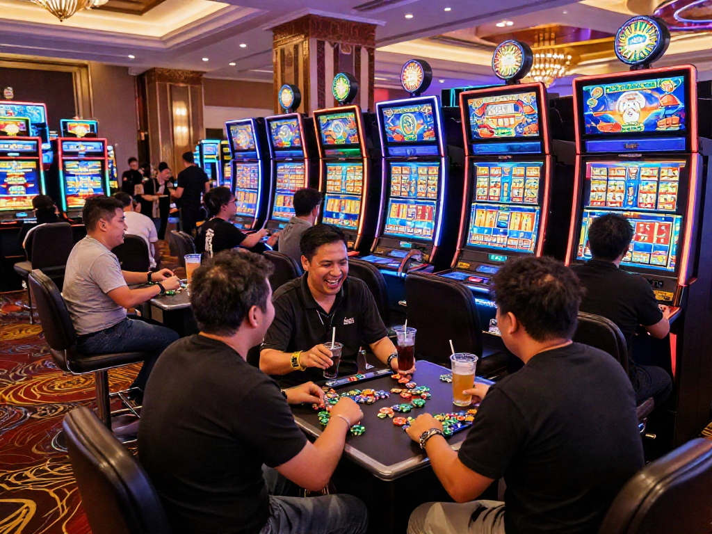 Players enjoying slot gacor malam ini at a lively casino, vibrant atmosphere filled with excitement.