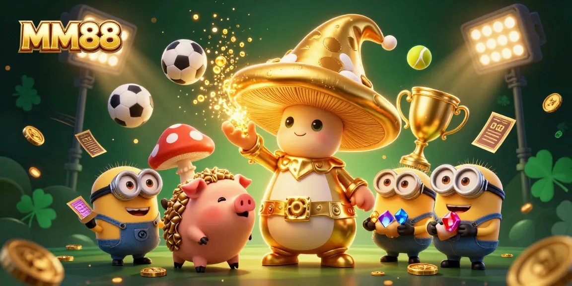 Experience thrilling casino gameplay at MM88 with enchanting characters, gold treasures, and vibrant sports elements.